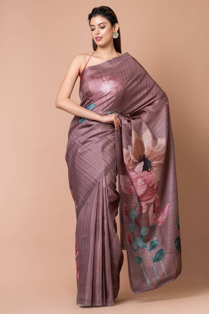 Indiloom Brown Digital Print Semi Tussar Saree With Blouse Piece