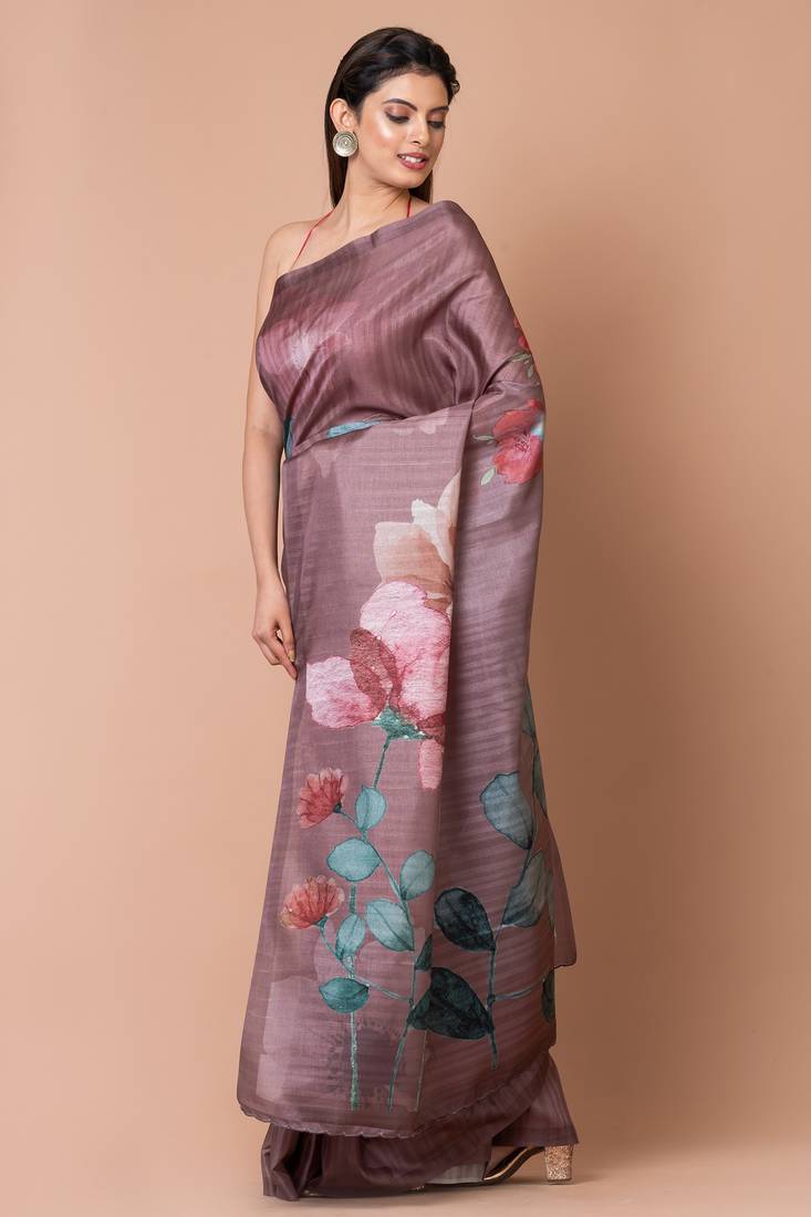 Indiloom Brown Digital Print Semi Tussar Saree With Blouse Piece