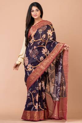 Indiloom Purple Digital Print Chanderi Zari Saree With Blouse Piece 1