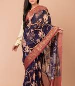 Indiloom Purple Digital Print Chanderi Zari Saree With Blouse Piece