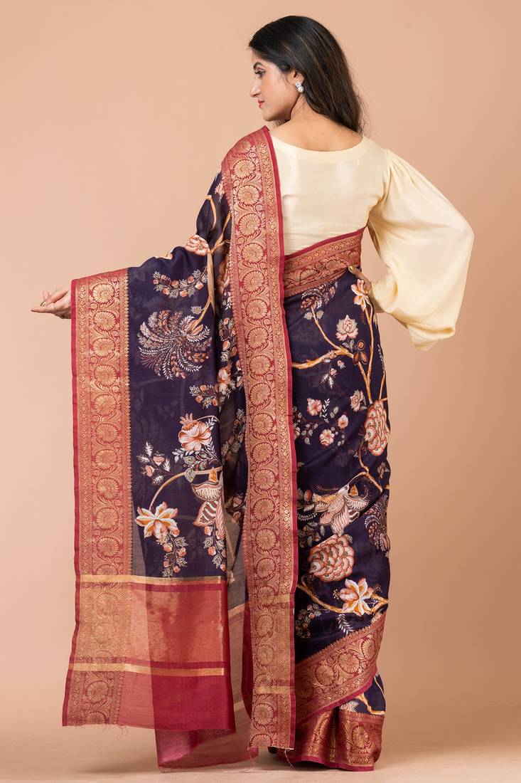 Indiloom Purple Digital Print Chanderi Zari Saree With Blouse Piece