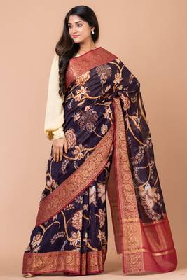 Indiloom Purple Digital Print Chanderi Zari Saree With Blouse Piece 3