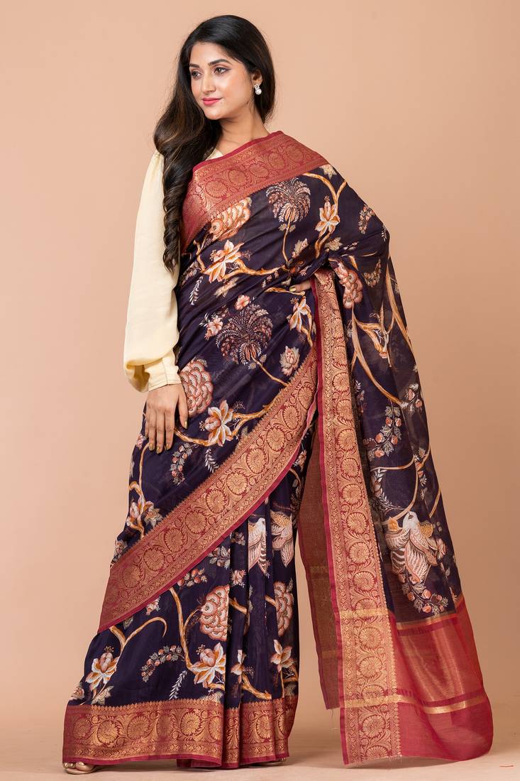 Indiloom Purple Digital Print Chanderi Zari Saree With Blouse Piece