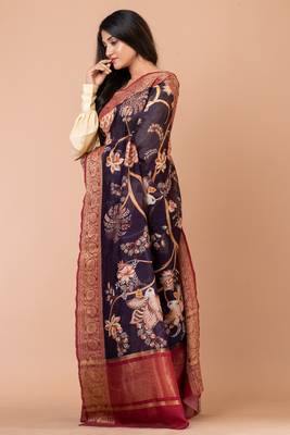 Indiloom Purple Digital Print Chanderi Zari Saree With Blouse Piece 4