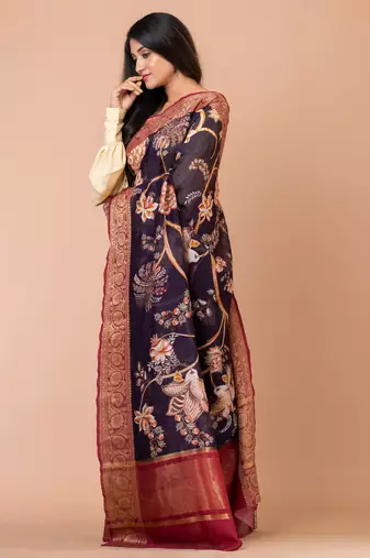 Indiloom Purple Digital Print Chanderi Zari Saree With Blouse Piece
