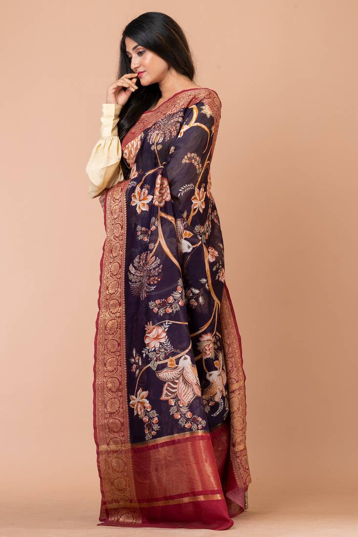 Indiloom Purple Digital Print Chanderi Zari Saree With Blouse Piece