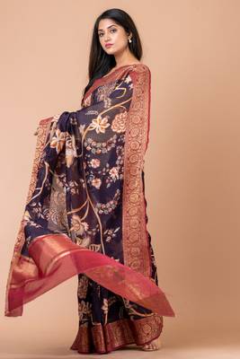 Indiloom Purple Digital Print Chanderi Zari Saree With Blouse Piece 5