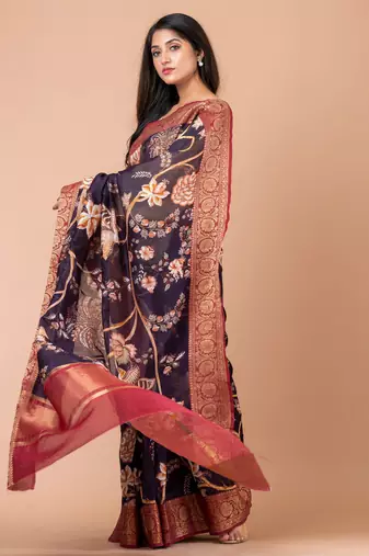 Indiloom Purple Digital Print Chanderi Zari Saree With Blouse Piece