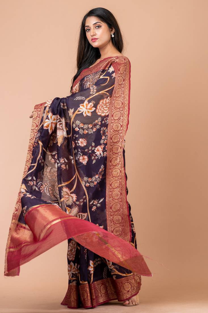 Indiloom Purple Digital Print Chanderi Zari Saree With Blouse Piece