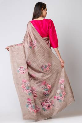 Indiloom Grayish Brown Digital Print Semi Tussar Saree With Blouse Piece 2