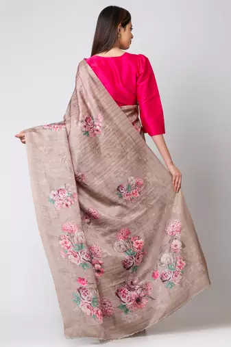 Indiloom Grayish Brown Digital Print Semi Tussar Saree With Blouse Piece