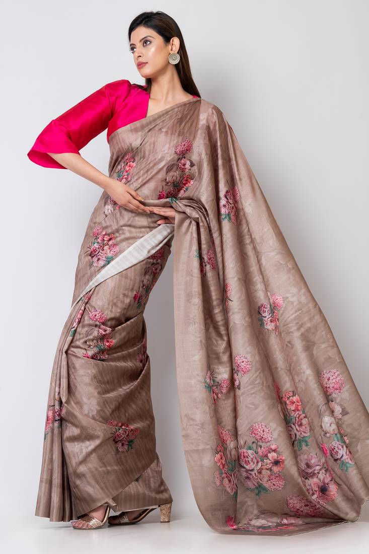Indiloom Grayish Brown Digital Print Semi Tussar Saree With Blouse Piece
