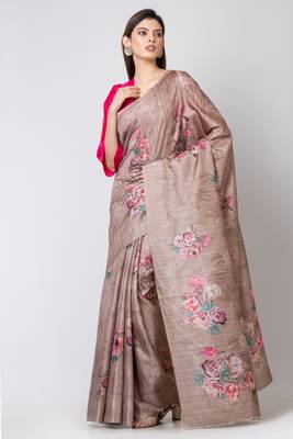 Indiloom Grayish Brown Digital Print Semi Tussar Saree With Blouse Piece 1