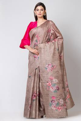 Indiloom Grayish Brown Digital Print Semi Tussar Saree With Blouse Piece 4