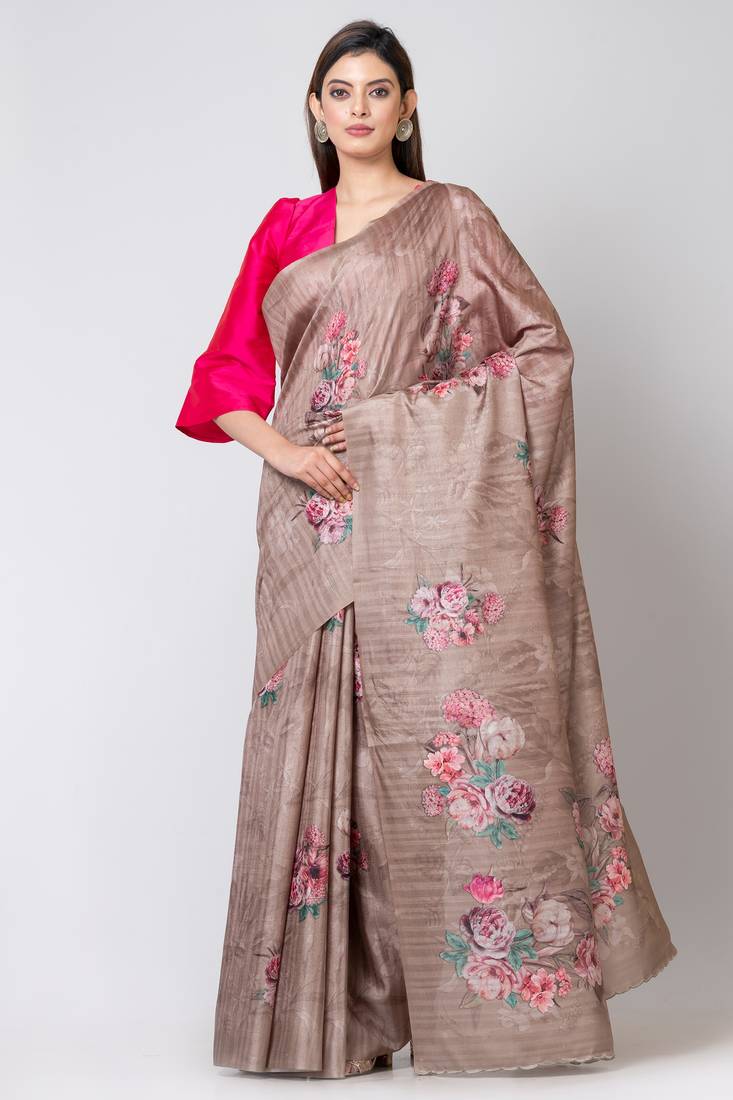Indiloom Grayish Brown Digital Print Semi Tussar Saree With Blouse Piece