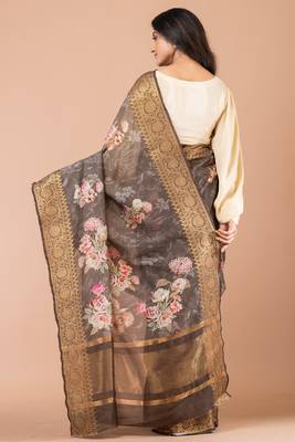 Indiloom Grey Ombre Digital Print Chanderi Zari Saree With Blouse Piece 2
