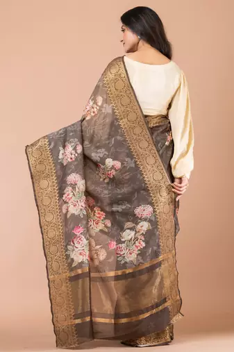 Indiloom Grey Ombre Digital Print Chanderi Zari Saree With Blouse Piece