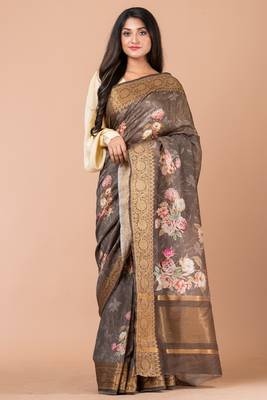 Indiloom Grey Ombre Digital Print Chanderi Zari Saree With Blouse Piece 1