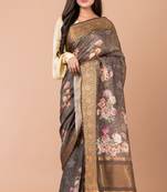 Indiloom Grey Ombre Digital Print Chanderi Zari Saree With Blouse Piece