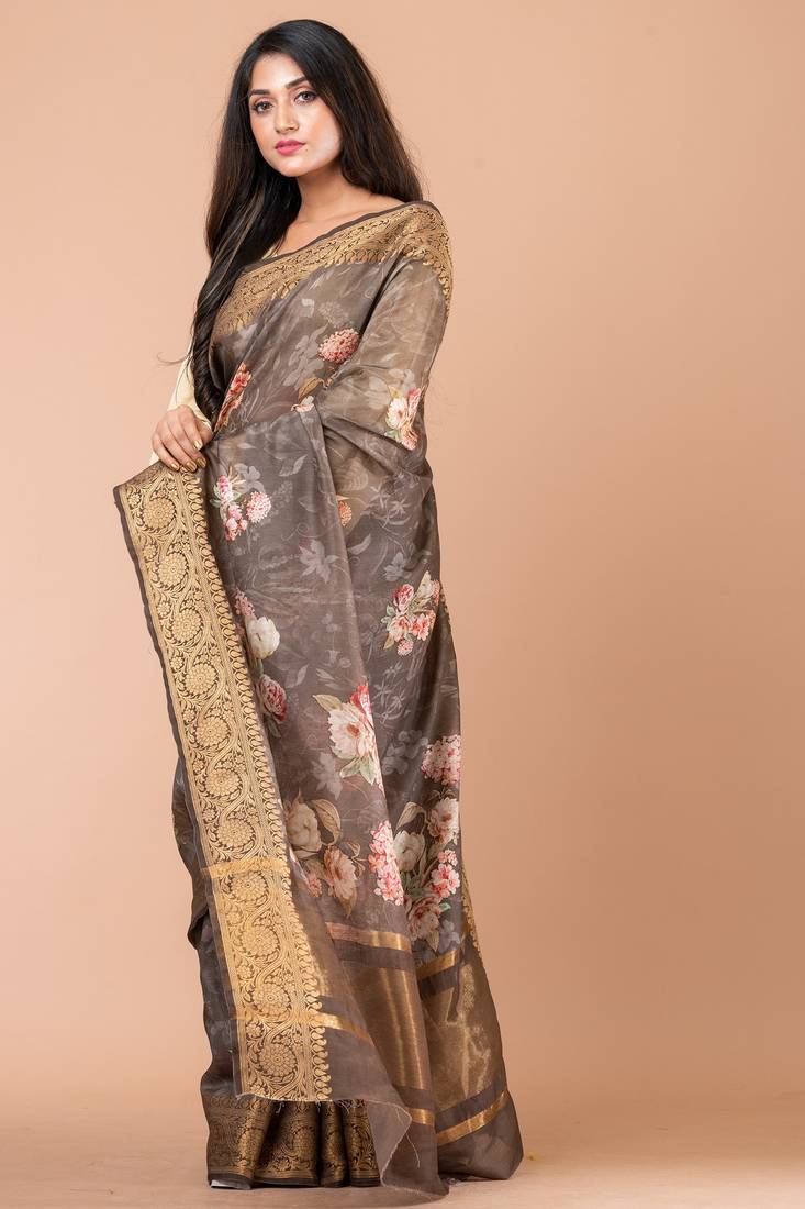 Indiloom Grey Ombre Digital Print Chanderi Zari Saree With Blouse Piece