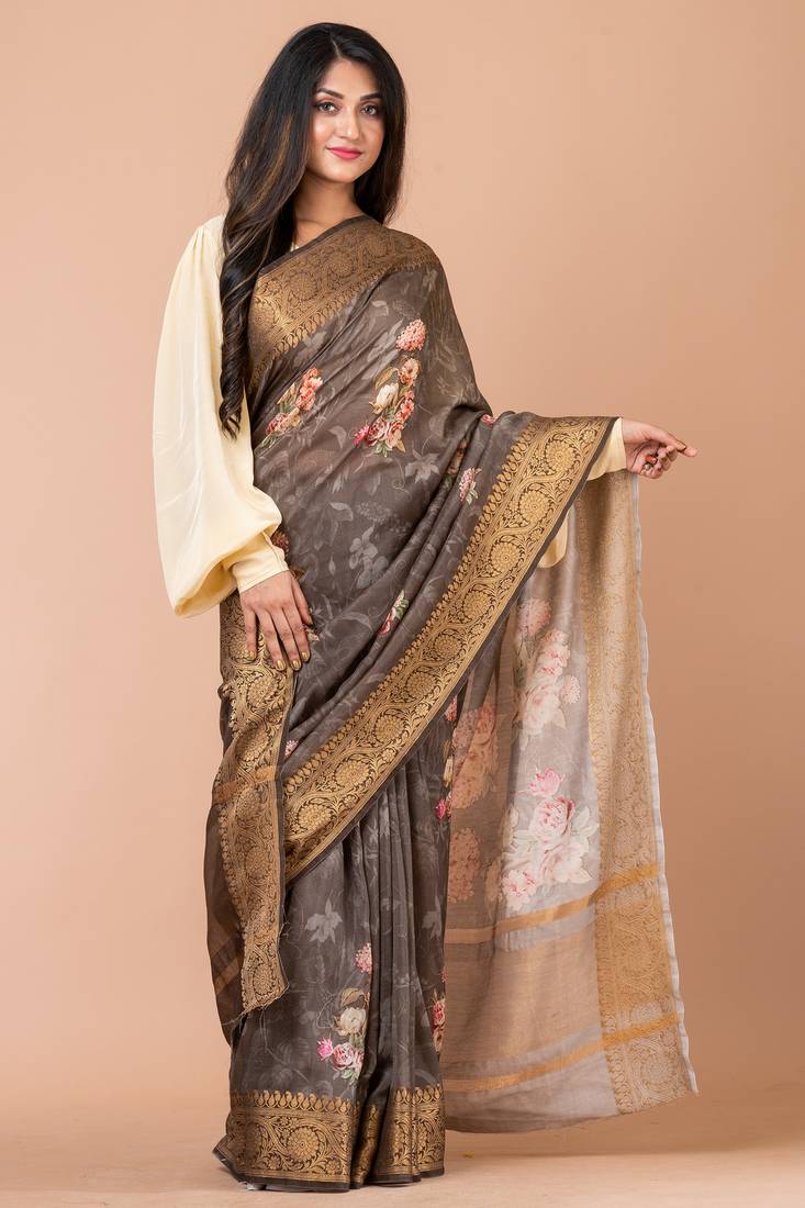 Indiloom Grey Ombre Digital Print Chanderi Zari Saree With Blouse Piece