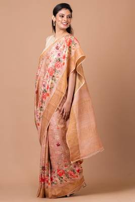 Indiloom Pink Digital Print Tussar Zari Saree With Blouse Print 1