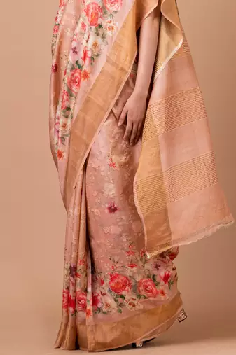 Indiloom Pink Digital Print Tussar Zari Saree With Blouse Print