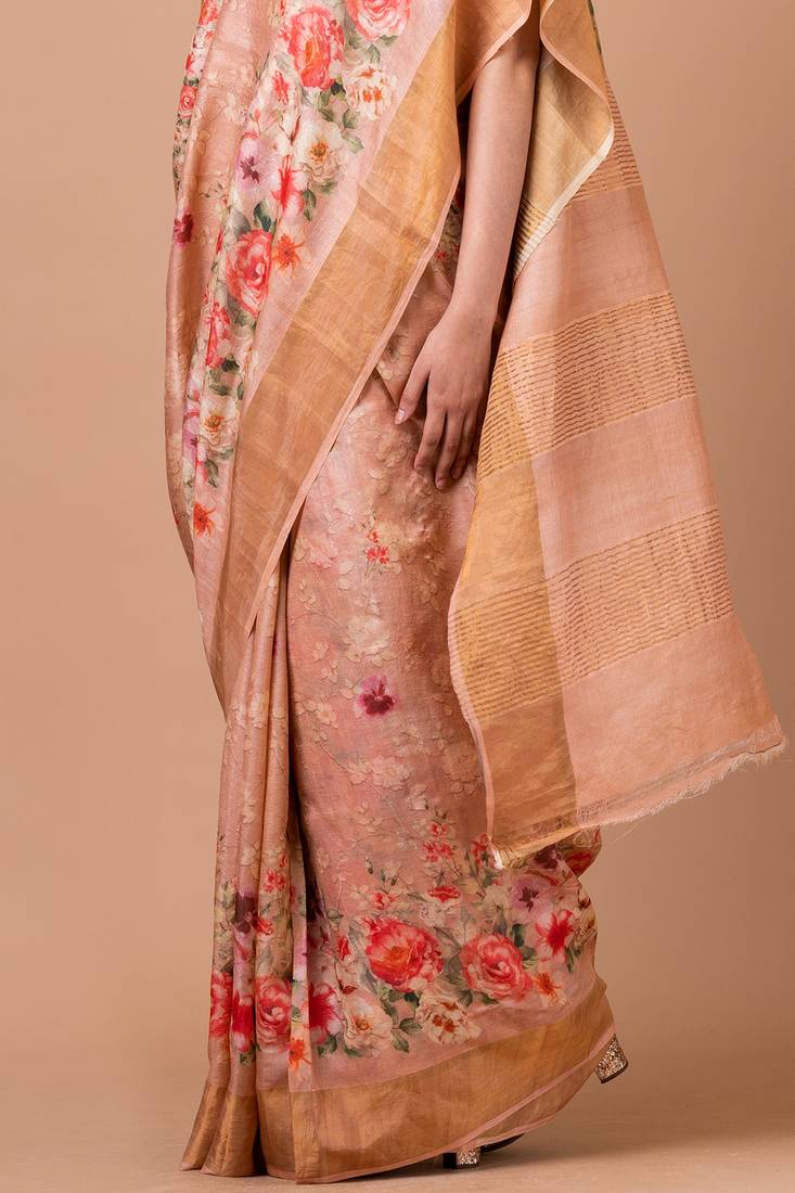 Indiloom Pink Digital Print Tussar Zari Saree With Blouse Print