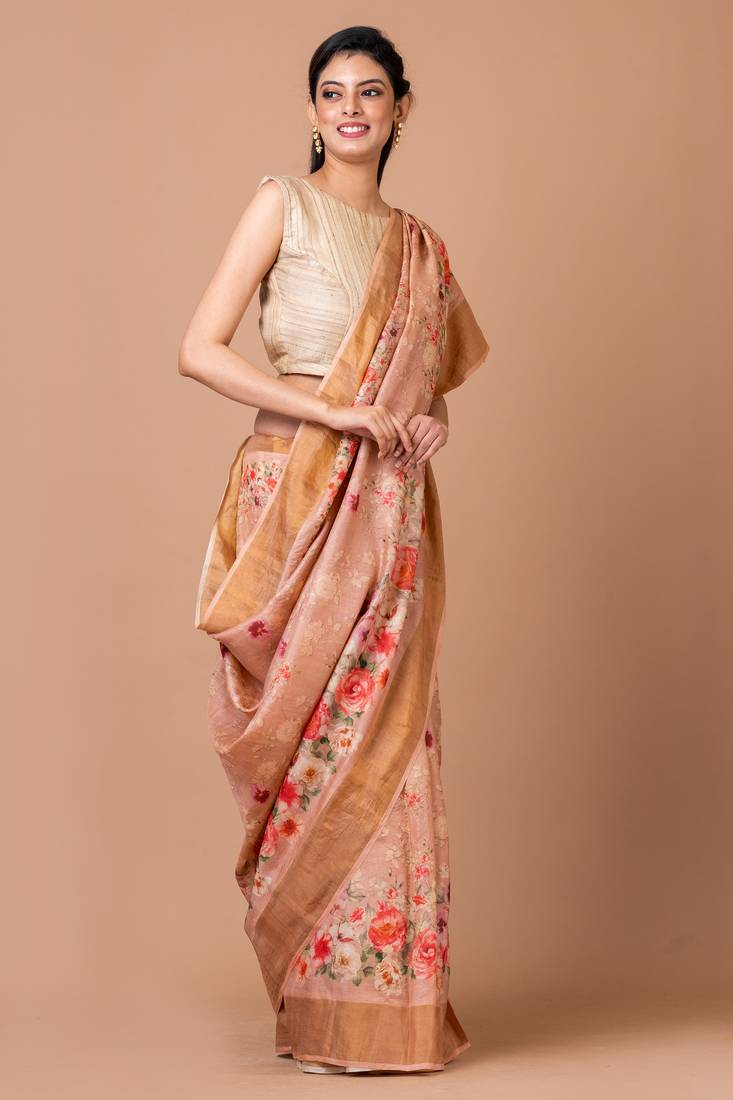 Indiloom Pink Digital Print Tussar Zari Saree With Blouse Print