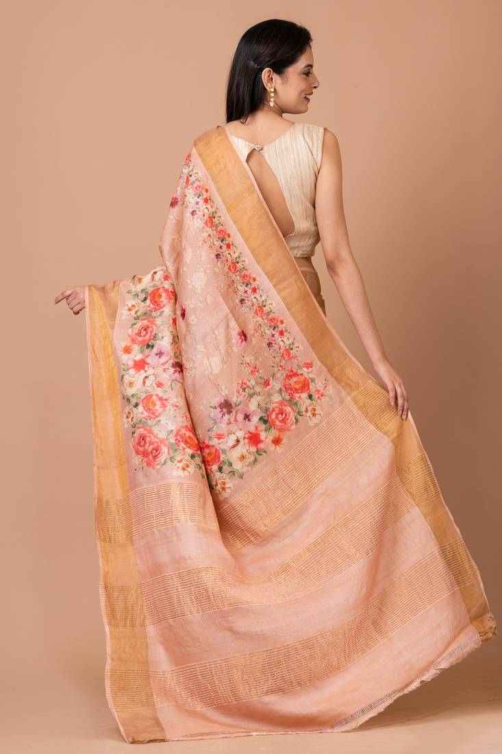 Indiloom Pink Digital Print Tussar Zari Saree With Blouse Print