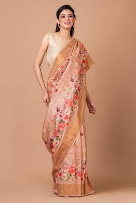 Indiloom Pink Digital Print Tussar Zari Saree With Blouse Print 5