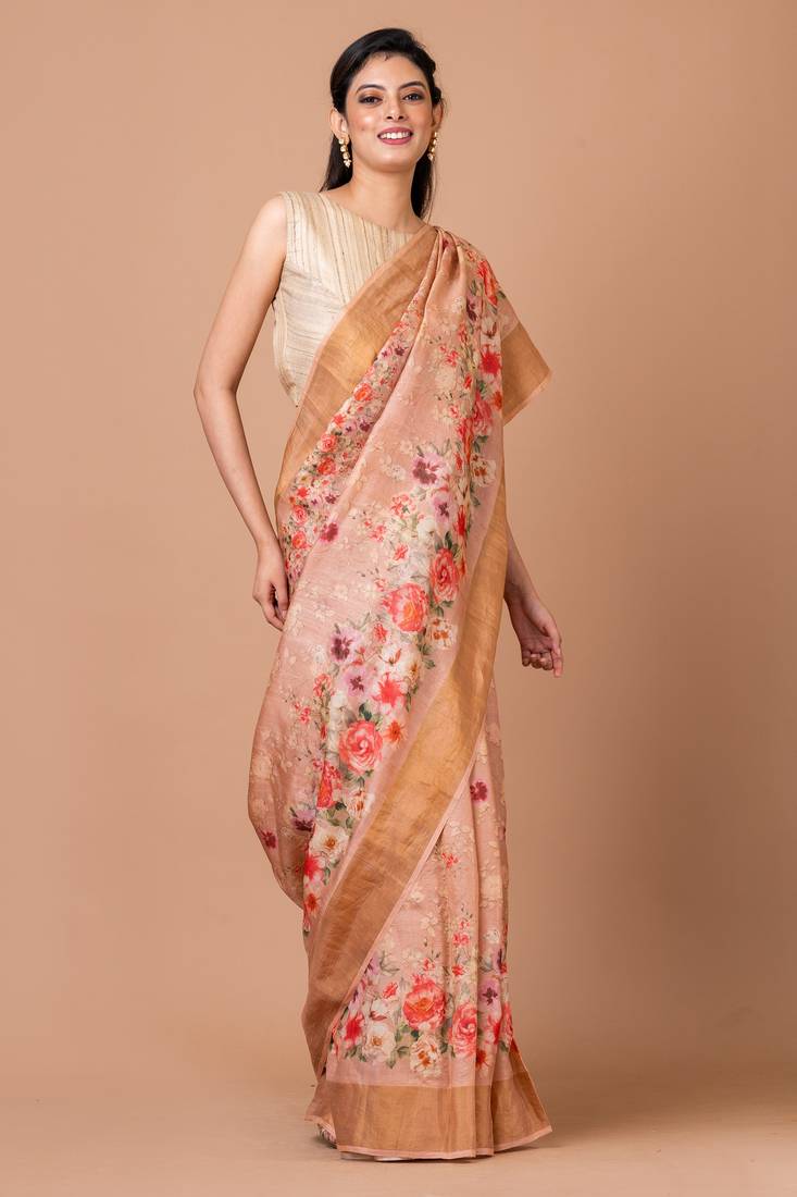 Indiloom Pink Digital Print Tussar Zari Saree With Blouse Print