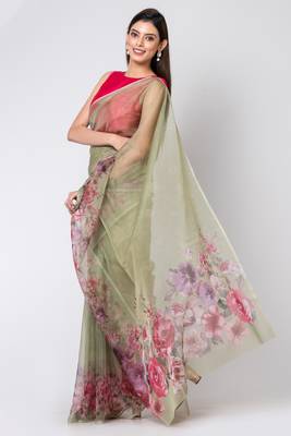 Indiloom Mehandi Colourful botanical flowers prints
Digital Print Organza Saree With Blouse Piece 1