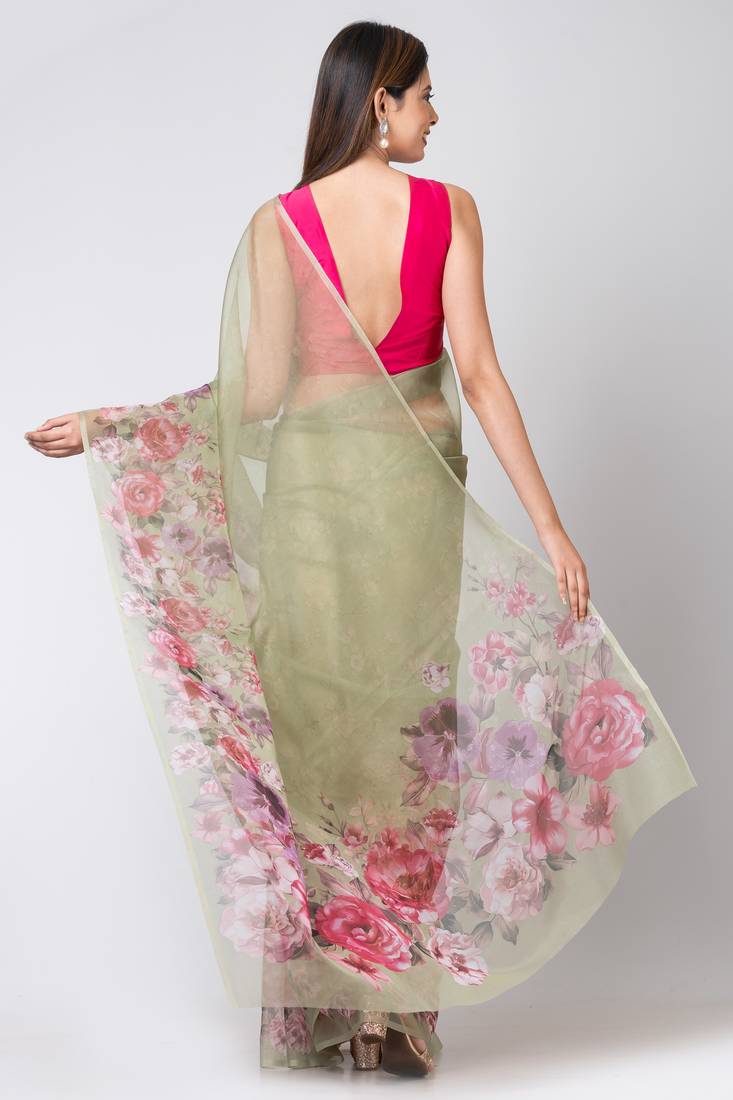 Indiloom Mehandi Colourful botanical flowers prints
Digital Print Organza Saree With Blouse Piece