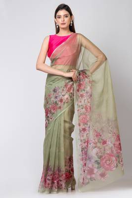Indiloom Mehandi Colourful botanical flowers prints
Digital Print Organza Saree With Blouse Piece 3