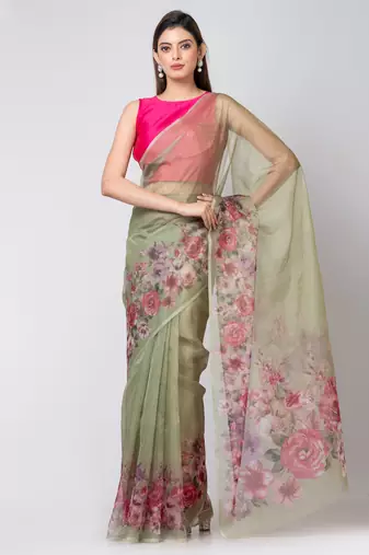 Indiloom Mehandi Colourful botanical flowers prints
Digital Print Organza Saree With Blouse Piece