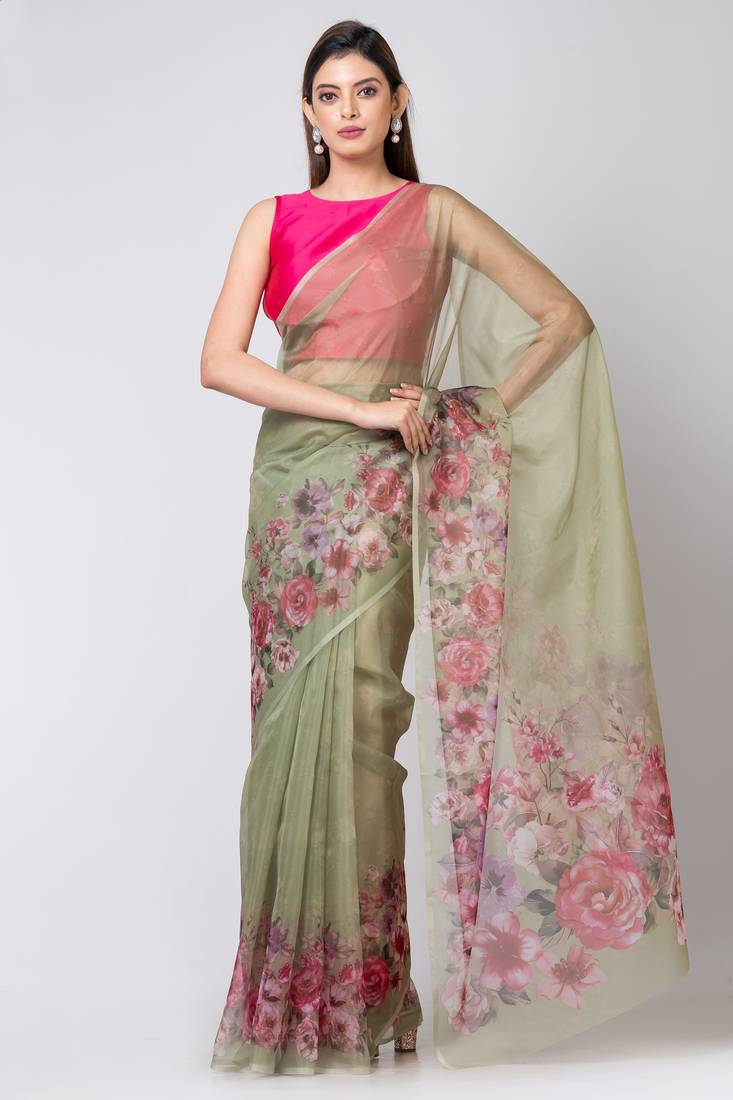 Indiloom Mehandi Colourful botanical flowers prints
Digital Print Organza Saree With Blouse Piece