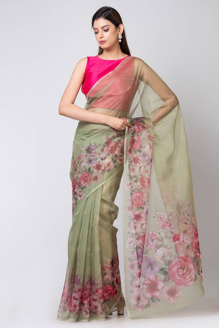 Indiloom Mehandi Colourful botanical flowers prints
Digital Print Organza Saree With Blouse Piece