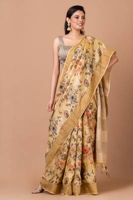 Indiloom Beige Digital Print Tussar Zari Saree With Blouse Piece 1