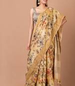 Indiloom Beige Digital Print Tussar Zari Saree With Blouse Piece