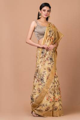 Indiloom Beige Digital Print Tussar Zari Saree With Blouse Piece 2