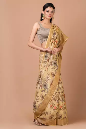 Indiloom Beige Digital Print Tussar Zari Saree With Blouse Piece