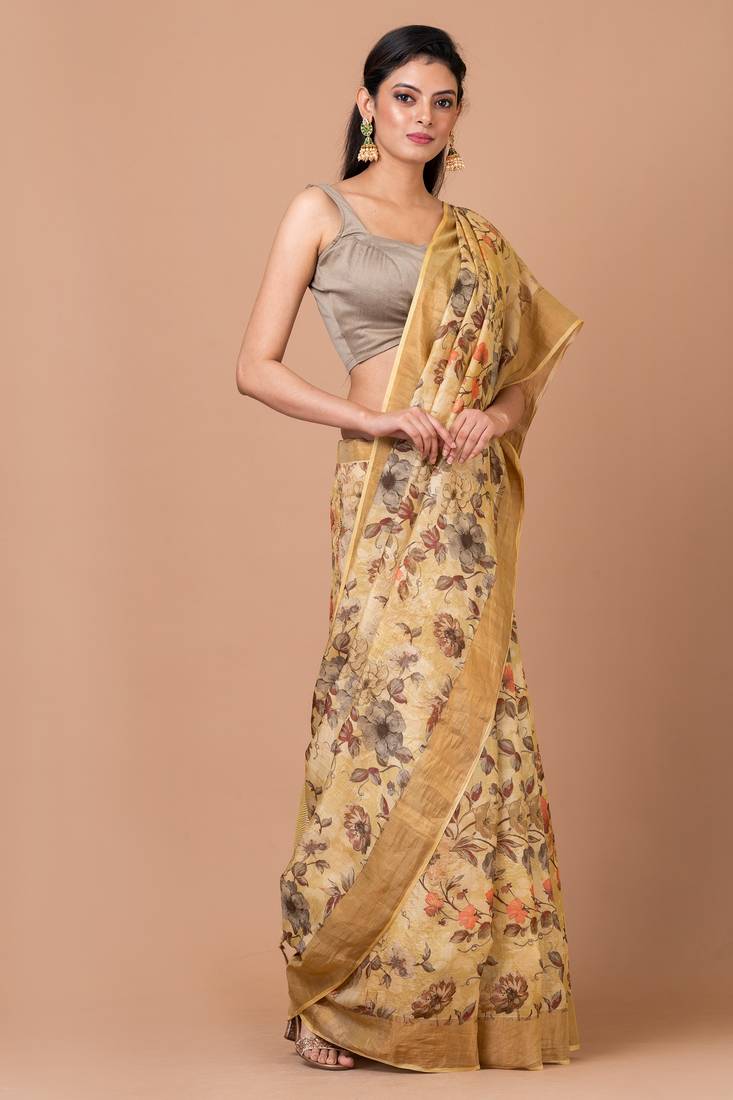 Indiloom Beige Digital Print Tussar Zari Saree With Blouse Piece