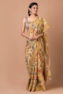 Indiloom Beige Digital Print Tussar Zari Saree With Blouse Piece 3
