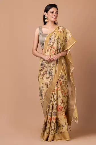 Indiloom Beige Digital Print Tussar Zari Saree With Blouse Piece