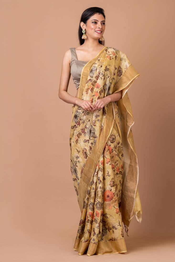 Indiloom Beige Digital Print Tussar Zari Saree With Blouse Piece