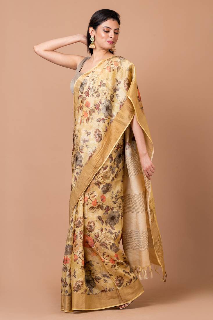 Indiloom Beige Digital Print Tussar Zari Saree With Blouse Piece