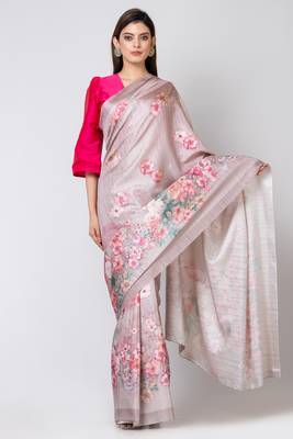 Indiloom Silver Grey Digital Print Semi Tussar Saree With Blouse Piece 1