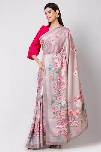 Indiloom Silver Grey Digital Print Semi Tussar Saree With Blouse Piece