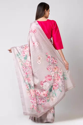 Indiloom Silver Grey Digital Print Semi Tussar Saree With Blouse Piece